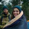 KawaGebo Kamp Outdoor Camping Blanket with Sherpa Lining, Extra Warm Thick Camp Blankets and Puffy Ultralight Soft Poncho DWR Camping Quilt for Cold Weather, Adventure, Sleeping, Backpacking 78"x 56" - Misty Cloud Valley