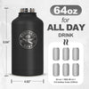 KawaGebo Kamp Half Gallon Water Bottle with Straw - 64 oz Stainless Steel Insulated Water Jug, Sport Bottle with 3 BPA Free Lids, Paracord Handle, Strap, Molle System for Outdoor Gym Hiking - Black