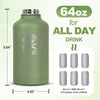 KawaGebo Kamp Half Gallon Water Bottle with Straw - 64 oz Stainless Steel Insulated Water Jug, Sport Bottle with 3 BPA Free Lids, Paracord Handle, Strap, Molle System for Outdoor Gym Hiking - Green