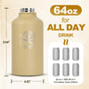KawaGebo Kamp Half Gallon Water Bottle with Straw - 64 oz Stainless Steel Insulated Water Jug, Sport Bottle with 3 BPA Free Lids, Paracord Handle, Strap, Molle System for Outdoor Gym Hiking - Khaki