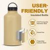 KawaGebo Kamp Half Gallon Water Bottle with Straw - 64 oz Stainless Steel Insulated Water Jug, Sport Bottle with 3 BPA Free Lids, Paracord Handle, Strap, Molle System for Outdoor Gym Hiking - Khaki
